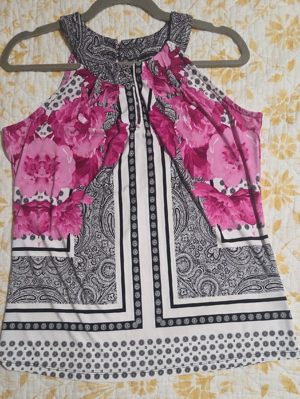 Pink Floral Halter Tank Top with Paisley Trim INC Med